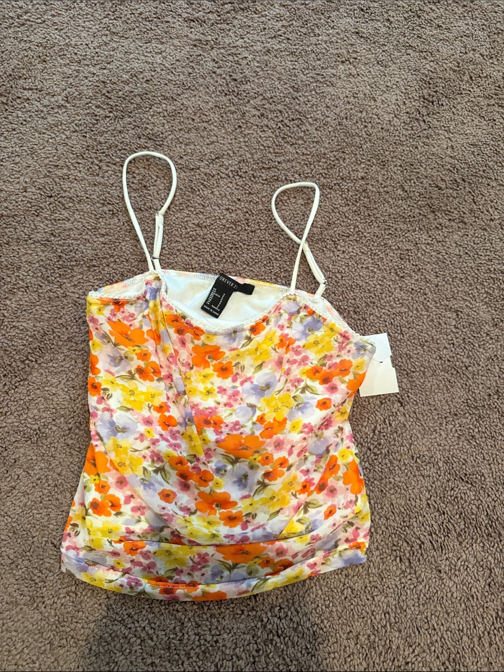Floral Spaghetti Strap Cami Tank Top - White/Orange/Yellow